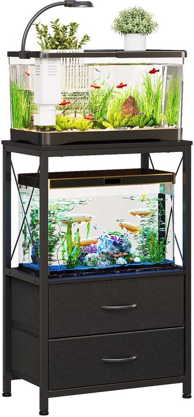 Aquariumstandaard, 38 liter, aquariumstandaard met 2 laden, aquariumrek voor 40 liter vis, schildpadden en reptielenbekken, aquariumtafel met 2 verdiepingen, rustiek bruin (zwart)