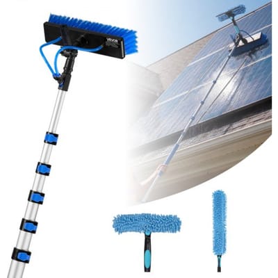VEVOR Telescopische Wasborstel voor Zonnepanelen, Fotovoltaïsche Reiniger incl. 2-10m Aluminium Telescoop, 20m Wateraansluiting, 180° Borstel, Raamwisser & Zeepdispenser, Reinigingsset voor Zonnepanelen, Ramen en Terrasdaken