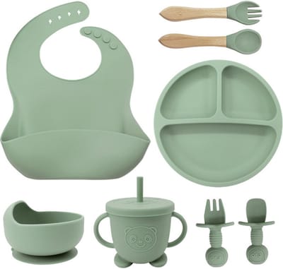 TTLUOKER®8-Delig Kinderservies set Siliconen - Baby Servies set Incl. bord met zuignap, drinkbeker met rietje, slabbetje en 2 sets Kinderbestek - Baby Bestek Siliconen - Vaatwasserbestendig - Ovenbestendig - BPA Vrij - Lichtgroen