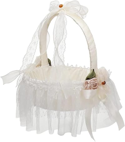 Bloemenmeisje Mand - Bruiloft Mandje - Bruiloft Decoratie - Met Kant Versierd - 22 cm Diameter - Wit