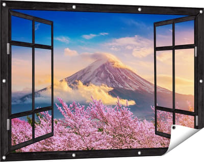 Gards Tuinposter Doorkijk Fuji Berg met Roze Bloesembomen - Bloemen - 120x80 cm - Tuindoek - Tuindecoratie - Wanddecoratie buiten - Tuinschilderij