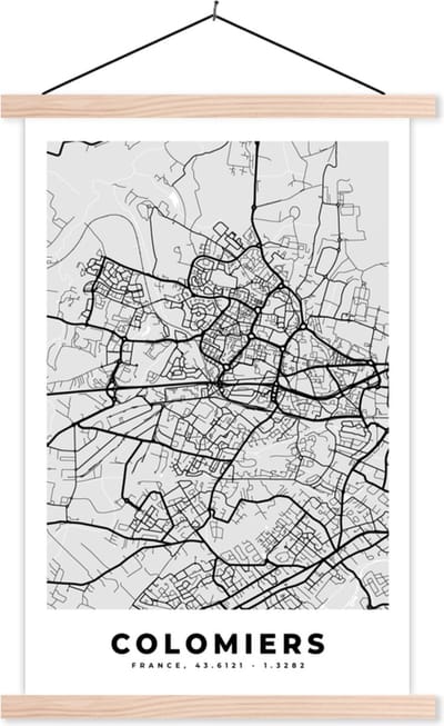 Posterhanger incl. Poster 40x60 cm - Schoolplaat - Frankrijk - Colomiers - Stadskaart - Plattegrond - Kaart - Textielposter - Blanke latten - Stadskaart