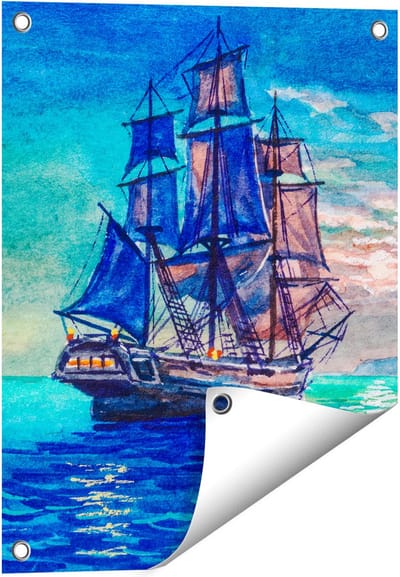 Gards Tuinposter Oude Piratenschip Zeilboot Getekend - 40x50 cm - Tuindoek - Tuindecoratie - Wanddecoratie buiten - Tuinschilderij