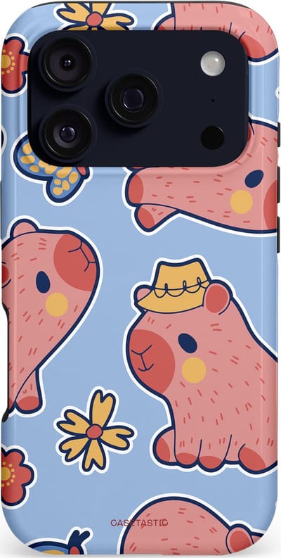 Casetastic hoesje geschikt voor Apple iPhone 17 Pro - MagSafe - Dubbellaagse bescherming - Capibara geluk - Fashion Case - Lichtblauw Perzik Grijs Koraal