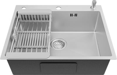 CECIPA max Spoelbak RVS 60x49CM - Spoelbak Keuken - Spoelbakken Keuken RVS - Spoelbak Met Kraangat - Spoelbak Met Zeepdispenser - Verstelbaar Mandje - Overloop en Sifon