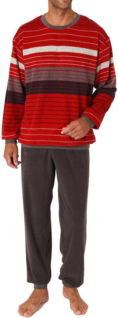 Heren badstof pyjama lange mouw met manchetten in gestreepte look