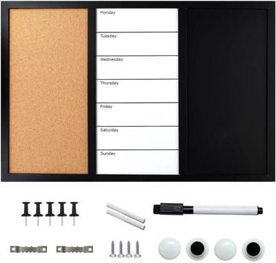 Intirilife 3-in-1 Combitafel - 60 x 40 cm - krijtbord, whiteboard, kurk prikbord - magneetbord, memobord - magnetische zijden - weekplanner inclusief magneten, pinnen, krijt en penmarker - weekplanner