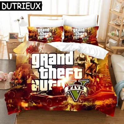 Game GTA Beddengoedset met Print Grand Theft Auto 5 Cartoon Dekbedovertrek Kussensloop Eenpersoons Tweepersoons Kingsize Anime Dekbedovertrek Beddengoed 70x133cm 2pcs beige