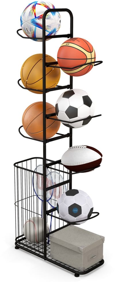 COSTWAY 7-traps ballenopbergrek, basketbalhouder van metaal met afneembare ophangstangen en opbergmand, sporttoestel-organizer, tentoonstellingsstandaard voor garage, thuis