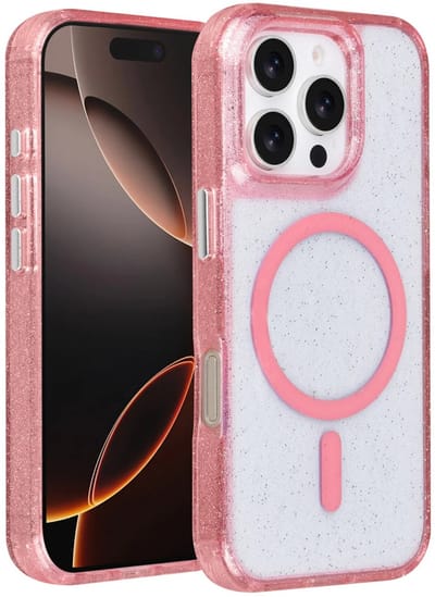 Backcover Hoesje Geschikt voor: iPhone 16 Pro Max - MagSafe Compatibel – Transparant Glitter Design – Krasbestendig – Slanke Bescherming met Perfecte Pasvorm - Roze