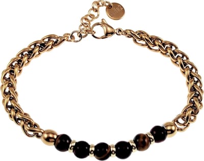 Armband Unisex - Verguld RVS - Visgraat Schakelarmband met Tijgeroogstenen - Dames - Heren