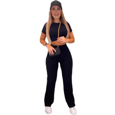 2 Stuks/Set Dames Crop Top Broek Set Korte Mouwen O-Hals Slim Fit Top Hoge Taille Slim Fit Broek Trainingspak Sportkleding Broekpak S zwart