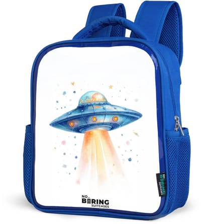 NoBoringSuitcases.com® - Rugzak blauw - Schooltas jongens - Blauw ruimteschip met lichtstraal - Kinder rugtas jongen - Boekentas kind - Kinderrugzak voor school - Schoolrugzak