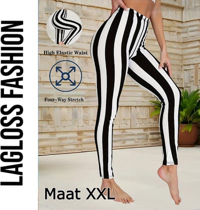 LaGloss® Dames Hoge Taille Yoga Leggings Zwart & Wit Gestreept Maat XXL – Hoge Stretch Sportlegging – Comfortabele Gym & Yoga Broek