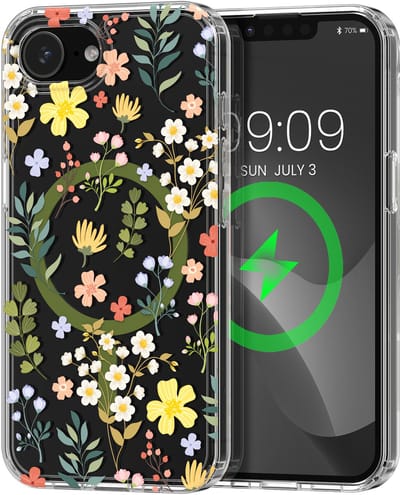 kwmobile Kristalheldere hardcase compatibel met Apple iPhone 17e / iPhone 16e Hoesje – compatibel met MagSafe – Acryl hoesje met TPU-rand – Charmante bloemen design