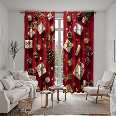 2 stuks HD kerst dennenappel cadeau doos Decoratief gordijn Rode strik digitaal bedrukt gordijn Huisdecoratie stijl Versierd livin W52H63inchW132H160cm brown