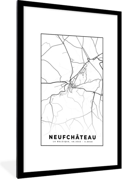 Fotolijst incl. Poster Zwart Wit- Plattegrond – Neufchâteau – Zwart Wit – Stadskaart - Kaart - België - 60x90 cm - Posterlijst