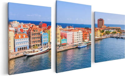 Artaza Canvas Schilderij Drieluik Willemstad Centrum in Curaçao  - 120x60 - Foto Op Canvas - Canvas Print