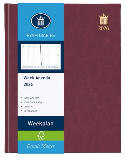 Ryam | Bureau agenda | Weekplan Wit NL Mundior | 2026 | Genaaid gebonden | 170 x 220 mm | 14 mnd | Bordeaux |