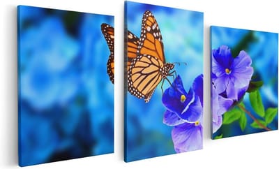 Artaza Canvas Schilderij Drieluik Oranje Vlinder Bij Paarse Bloemen - 120x60 - Foto Op Canvas - Canvas Print