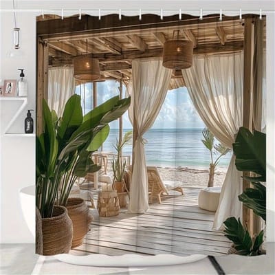 Strandhuis Douchegordijn Zeezicht Houten Dek Tropisch Paradijs Waterdichte Stof Kustbadkamer Decoratie W90H200(CM)-1 Pcs