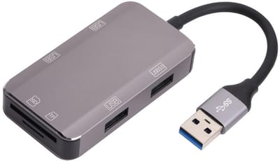 6 IN 1 USB 3.0 Male naar 3X USB 2.0 Female + USB 3.0 Female + SD + Micro-SD (tf) kaartlezer adapter hub - voor o.a. laptop en tv - antraciet