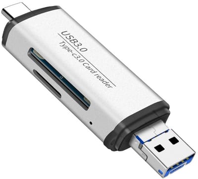 USB 3.0 + USB-C + Micro-USB naar SD + Micro-SD (tf) kaartlezer adapter kabel connector - cardreader - geheugenkaart lezer - voor o.a. telefoon en laptop - zilver
