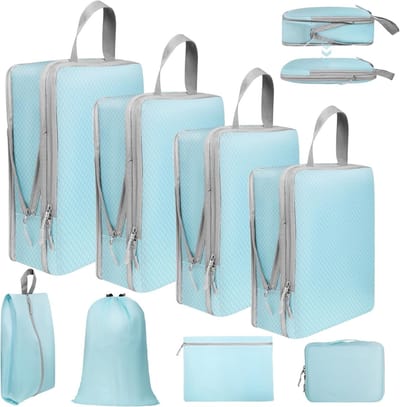 Famanu – Inpakkubussen - 8-delige set kubussen - compressie - koffer-organizerset - uitbreidbare paktassen voor handbagage - koffer en rugzak - reisorganizerset - opbergsysteem - blauw
