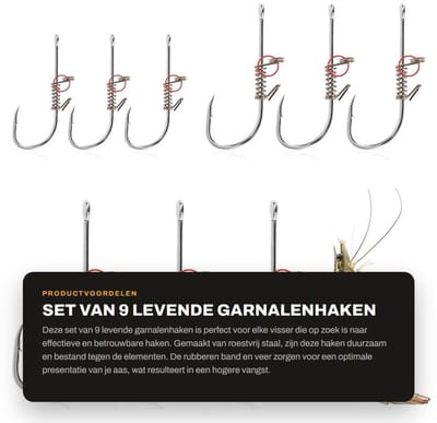 Dailygoods- Garnalenhaken 9 Stuks - Levende Garnalenhaken - Roestvrij Staal - Rubberband - Veer - 3 Maten (4,7x1,9cm, 4,3x1,6cm, 4,1x1,4cm) - Vishaken