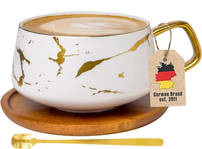 Intirilife Kop keramiek met marmerdesign in Wit - ongeveer 200 ml - Koffiemok, theemok met houten onderzetter Mok