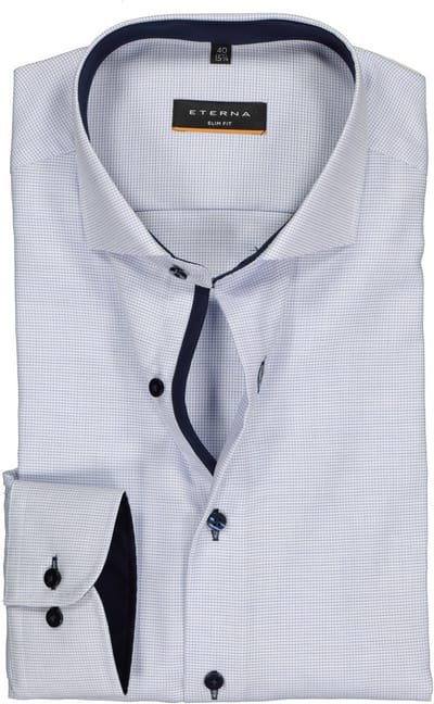 ETERNA slim fit overhemd - structuur heren overhemd - lichtblauw met wit (donkerblauw contrast) - Strijkvrij - Boordmaat: 44 (EU maat: XL)