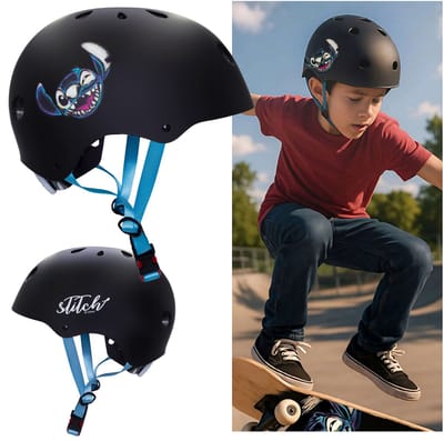 DISNEY Stitch Zwarte kinderfietshelm, lichtgewicht, verstelbaar, sportief voor jongen 52-56 cm