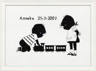 Pako Borduurpakket geboorte - telpatroon - Jip & Janneke met treintje geboortetegel, Fiep Westendorp - 270.002 - Aida - 30 x 20 cm - DIY kit
