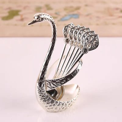 7-delige Creatieve Metalen Bestekset Decoratie Luxe Dessert Tafelgerei met 6 Lepels Koffie Thee Roerlepel met Zwaan Standaard