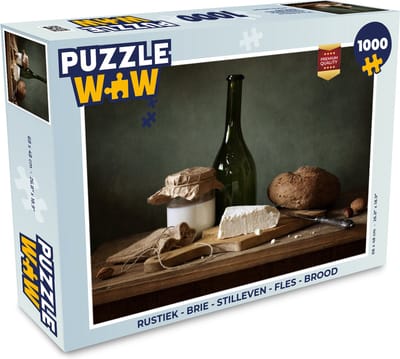 Puzzel Rustiek - Brie - Stilleven - Fles - Brood - Legpuzzel - Puzzel 1000 stukjes volwassenen