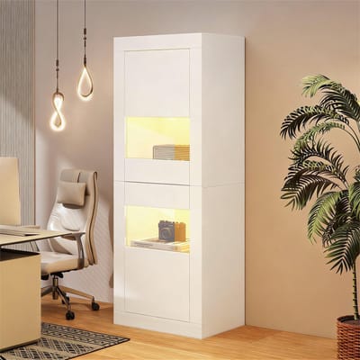 MODFU Vitrinekast - Led-Verlichting En Verstelbare Glasplanken - Modern - Vrijstaand - Spaanplaat En Glas - Wit - 61 X 42 X 162 Cm