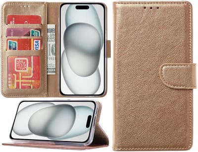Hoesje geschikt Hoesje Geschikt voor iPhone 15 – portemonnee bookcase met pasjeshouder – Goud