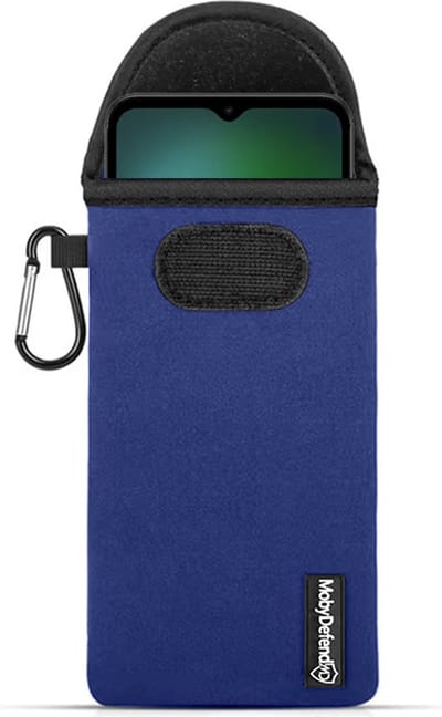 MobyDefend Hoesje - Geschikt voor Motorola Moto E13 - Neopreen Pouch Met Karabijnhaak - Insteek - Riemlus - Blauw