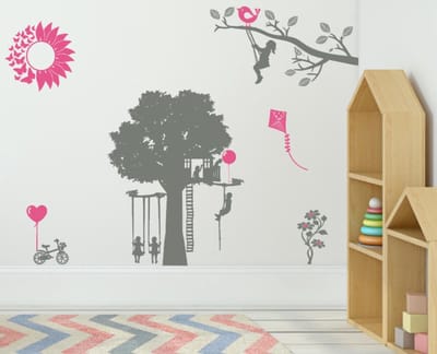 Muurstickerset Speeltuin | Kinderen op schommel - ballon - fiets - bloem - vlieger | Kinderkamer | Rosami Decoratiestickers