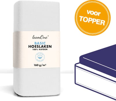 Loom One Hoeslaken Topper – 100% Jersey Katoen – 90x200 cm – tot 12cm matrasdikte– 160 g/m² – Wit