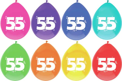 Haza Leeftijd verjaardag thema ballonnen - 55 jaar - 8x stuks - 29 cm - multi kleuren