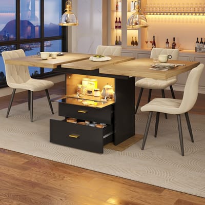 MODFU Uitschuifbare eettafel met LED-verlichting en 2 laden – Modern design voor keuken of balkon – MDF en metaal – Houtkleur 110-140x80x75 cm