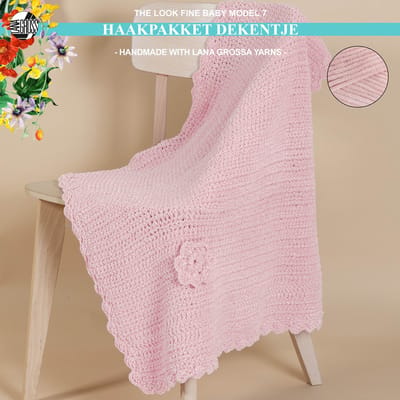 Haakpakket deken-kinderdeken-kado-kraamcadeau- met The Look Fine garen model 7 van Lana Grossa The Look Fine Baby -poederroze 112