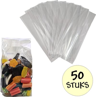 50x Bodem Cellofaan Zakjes 8x6x23 cm - Zelf Staande Zakjes - Uitdeelzakjes - Cadeau Zakjes - Snoepzakjes - Traktatie Zakjes - Transparant - 50 Stuks