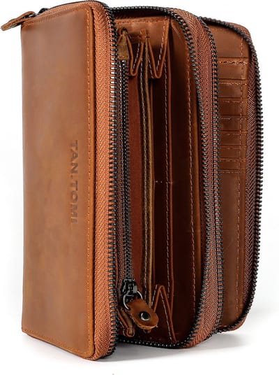TAN.TOMI - Leren Portemonnee Heren - Pasjeshouder Mannen - Portefeuille Jongens - Portefeuille met rits - Clutch - RFID Beveiligd - Echt lederen Billfold - Lichtbruin