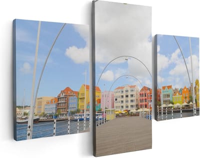 Artaza Canvas Schilderij Drieluik Willemstad Gekleurde Huisjes in Curaçao - 90x60 - Foto Op Canvas - Canvas Print