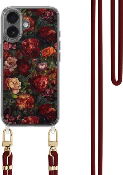 Casimoda® hoesje met koord - Geschikt voor iPhone 16 - Flower Paradise - Afneembaar koord - TPU/polycarbonaat - Rood