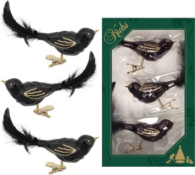 Krebs Decoratie vogels - 6x - zwart - 11 cm - op clip - glas - kerstboomversiering