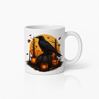 Halloween Koffiemok met Kraai – Griezelige Pompoen en Lantaarn Ontwerp Beker