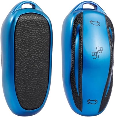 Beschermende TPU Sleutelhoes voor Tesla Model 3, Model Y, Model S en Model X - Luxe Leer, Blauw, Geschikt voor 3 Sleutels en Sleutelhanger